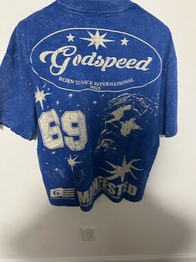 Godspeed Graphic Tee in Blue with Cream Print